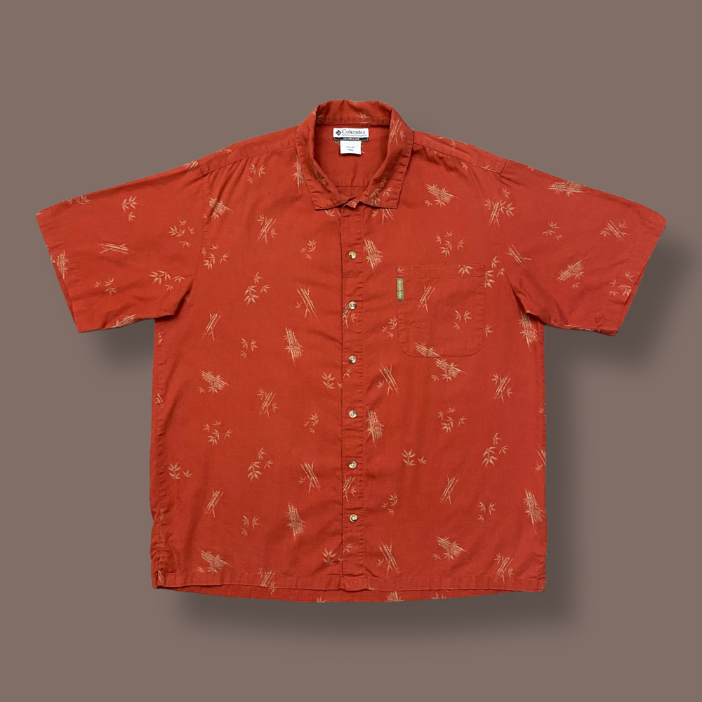 Columbia Sportswear Button Down Shirt Floral Bamboo Leaf Print Cotton Red XL